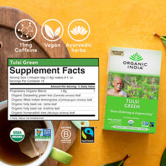 Organic India Tulsi Green Tea Bags packaging close-up highlighting organic certification.