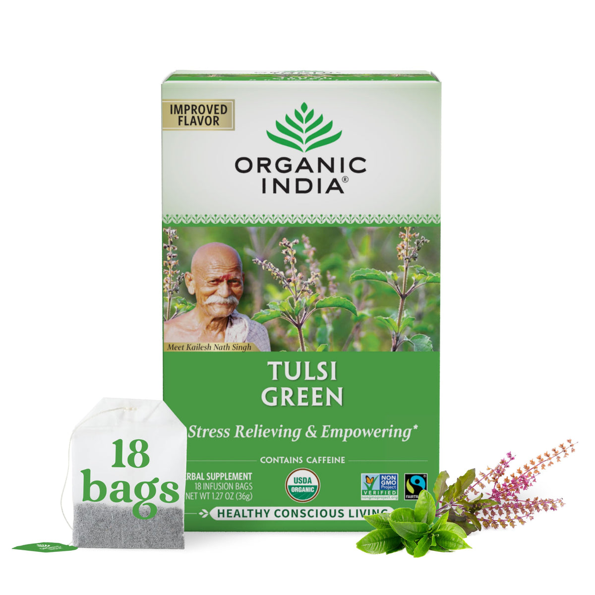 Organic India Tulsi Green Tea Bags in box showing organic and fairtrade credentials.