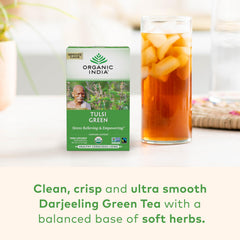 Organic India Tulsi Green Tea Bags steeping cup suggesting calm focus and energy.