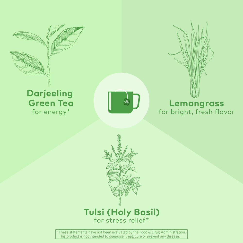 Organic India Tulsi Green Tea Leaves close-up with herbal aroma.