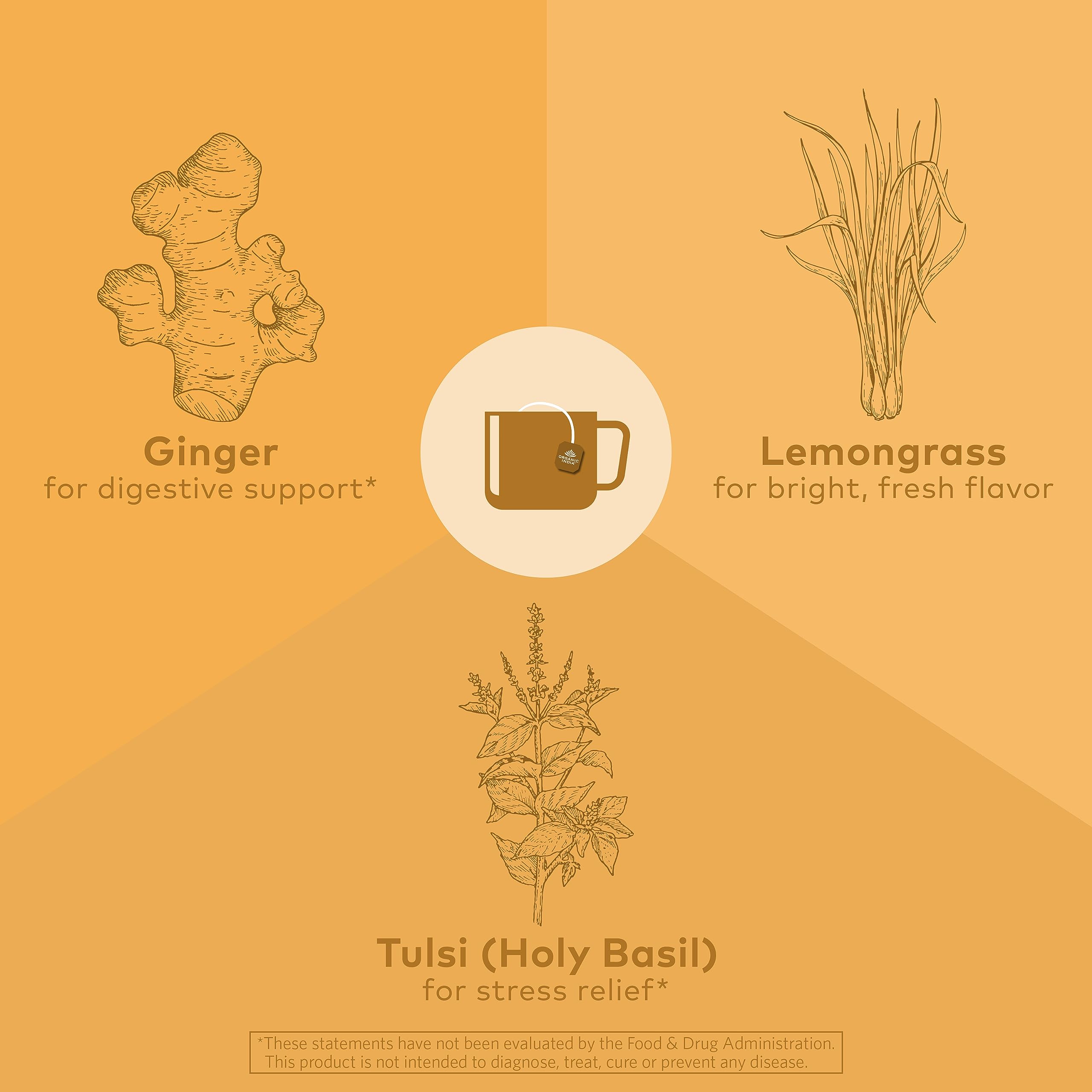 Organic India Tulsi Lemon Ginger fresh leaves closeup, vibrant herbs