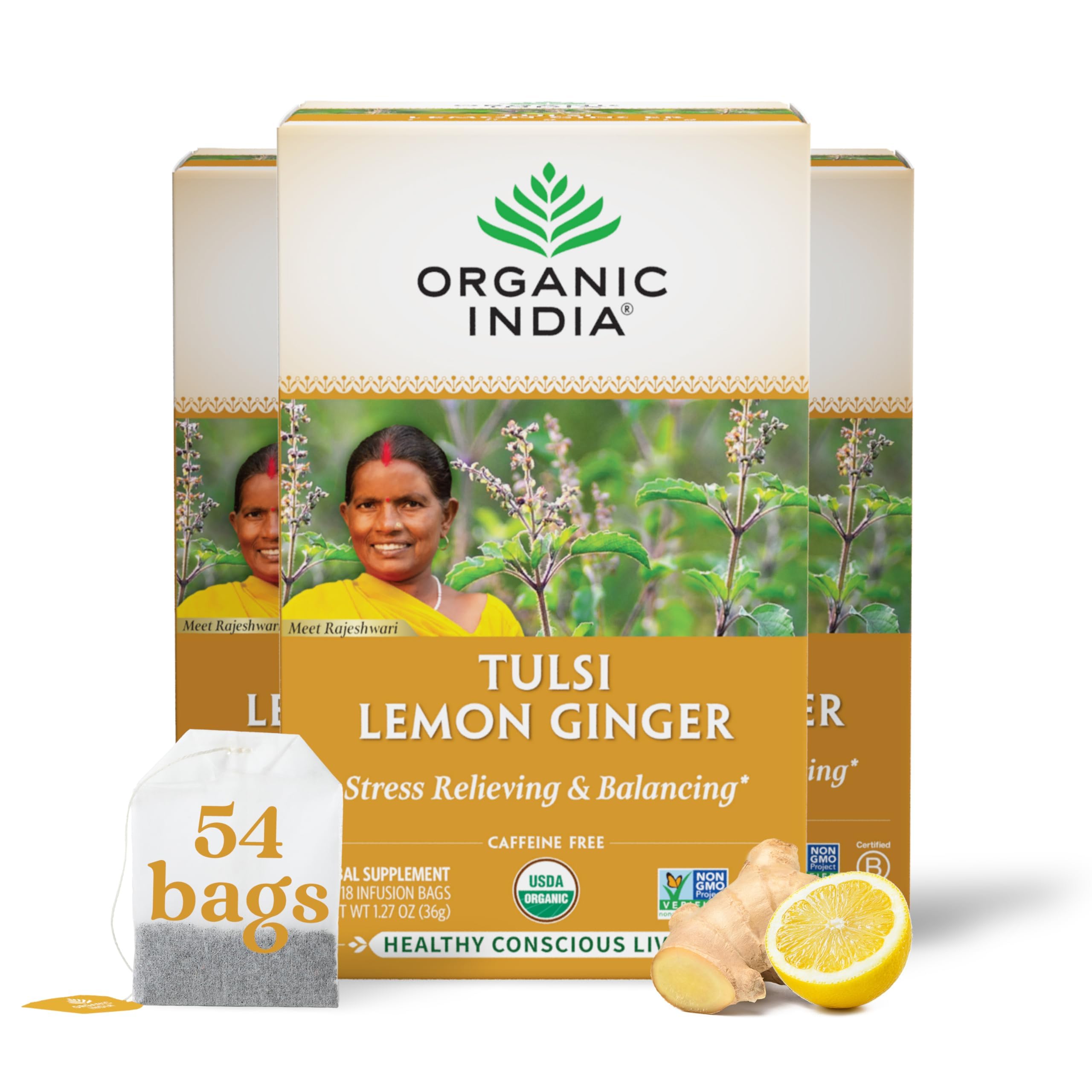 Organic India Tulsi Lemon Ginger tea box showcases a calming, caffeine-free ritual