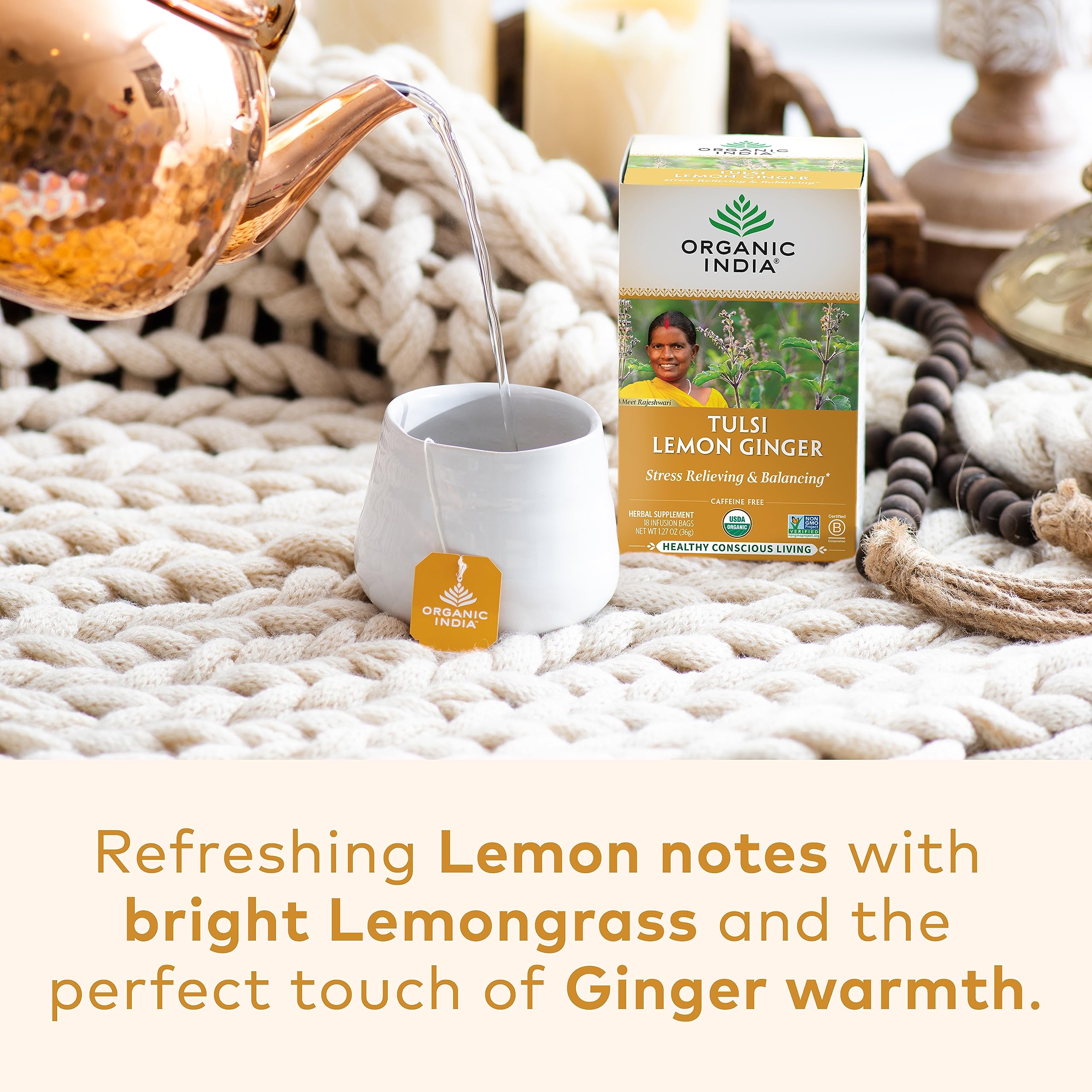 Organic India Tulsi Lemon Ginger tea brewing in a cup with steam for caffeine-free warmth.