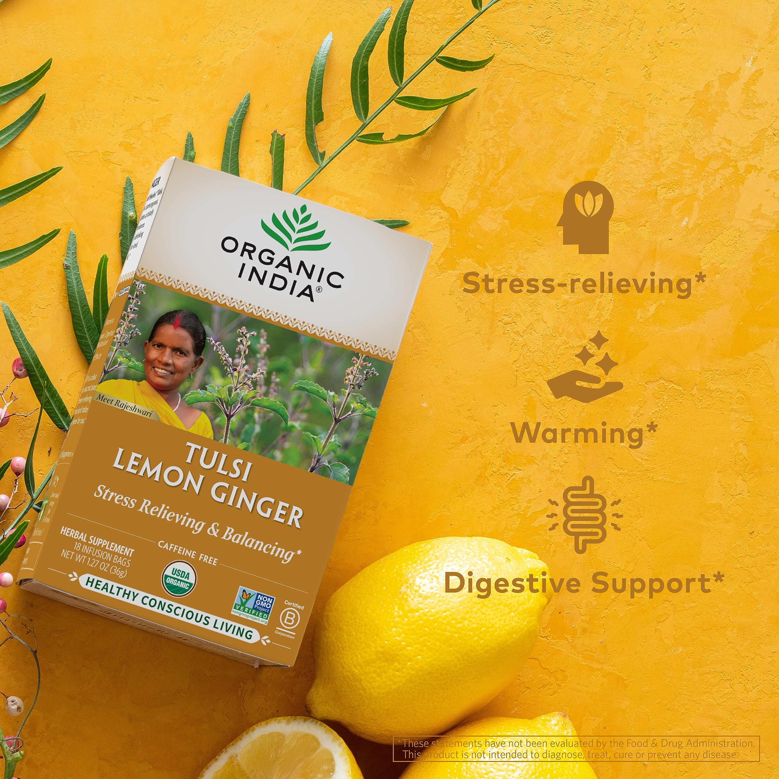 Organic India Tulsi Lemon Ginger tea leaves and lemongrass illustration emphasizing natural ingredients for wholesome flavor.