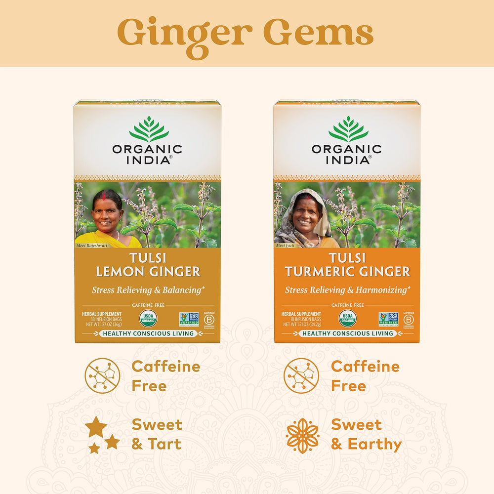 Organic India Tulsi Lemon Ginger seal indicating USDA Organic certification on packaging