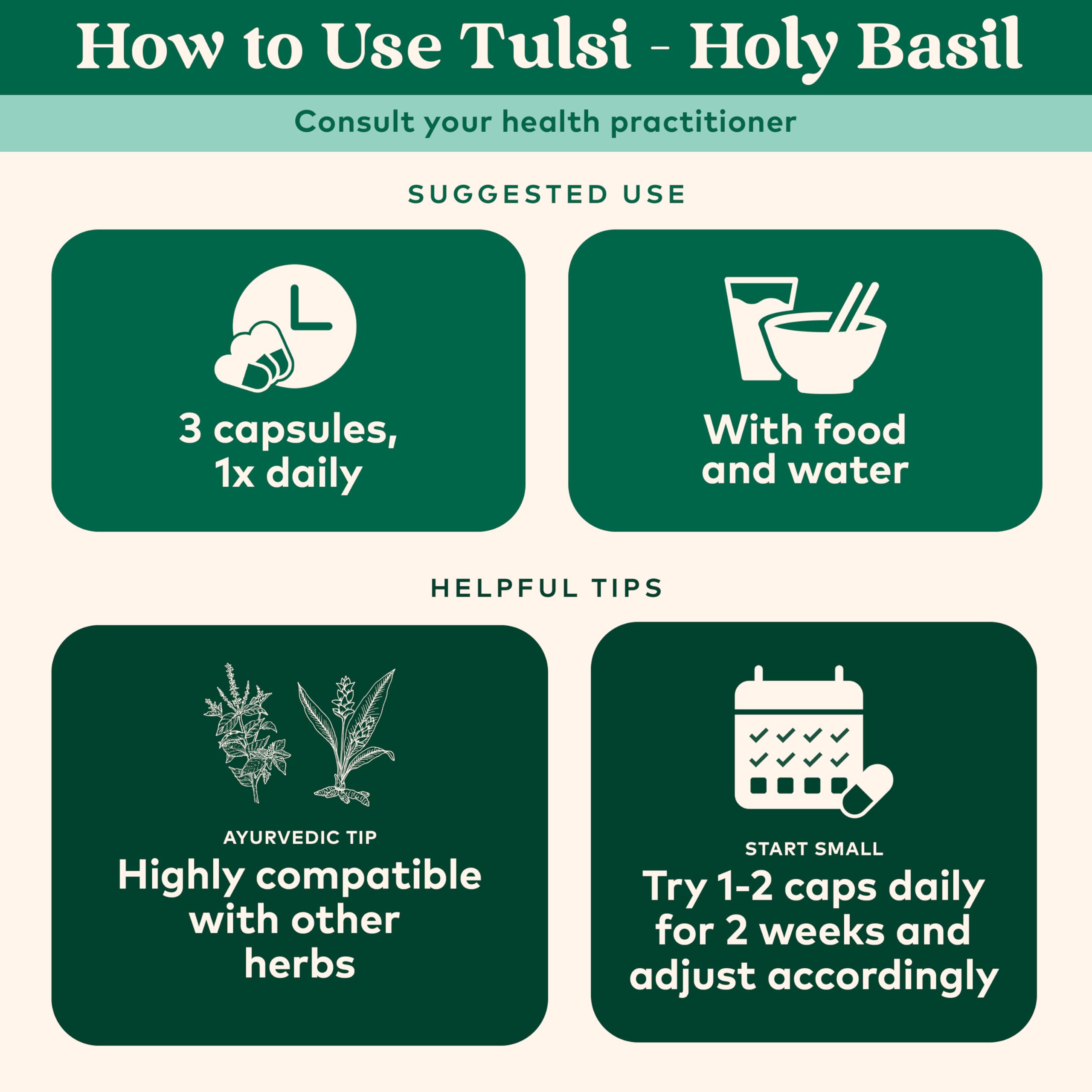 Organic India Tulsi Original dried tulsi leaves yield robust flavor.