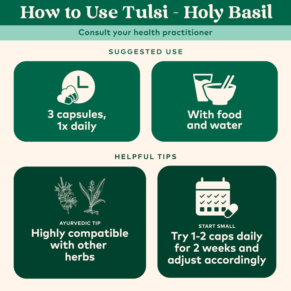 Organic India Tulsi Original dried tulsi leaves yield robust flavor.