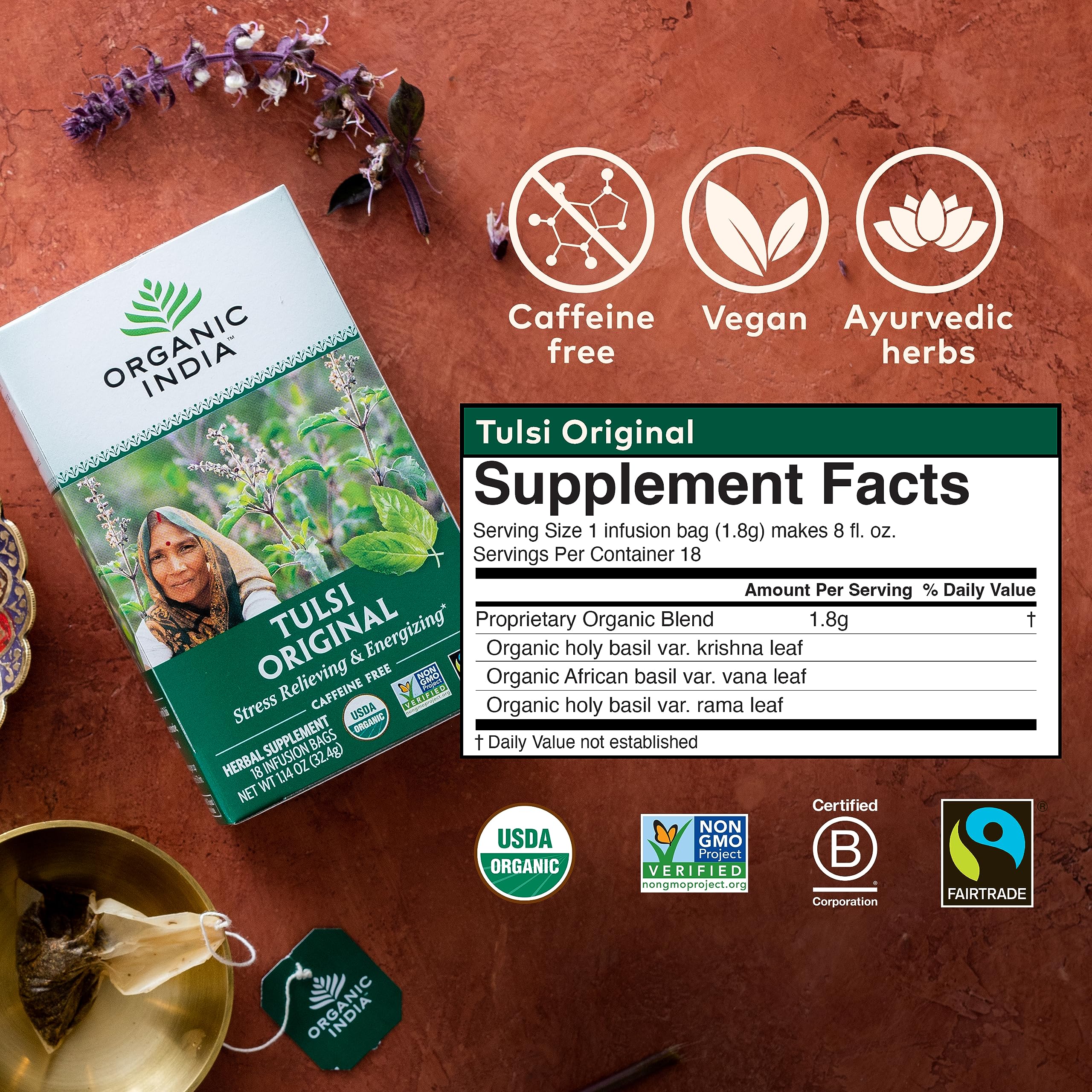 Closeup of ORGANIC INDIA Tulsi Original tea bags highlighting convenience.