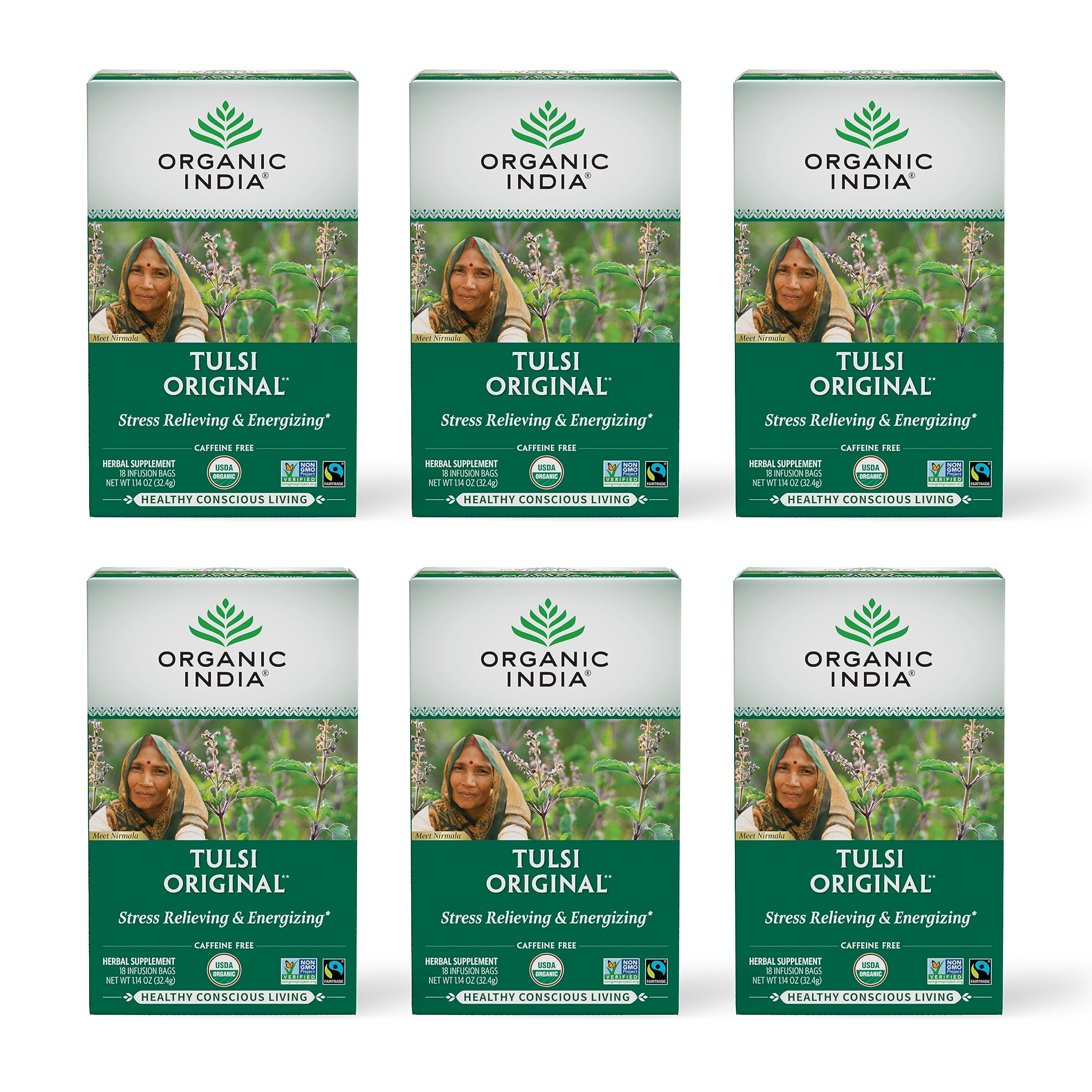 ORGANIC INDIA Tulsi Original Tea box front for calming, caffeine-free herbal tea.
