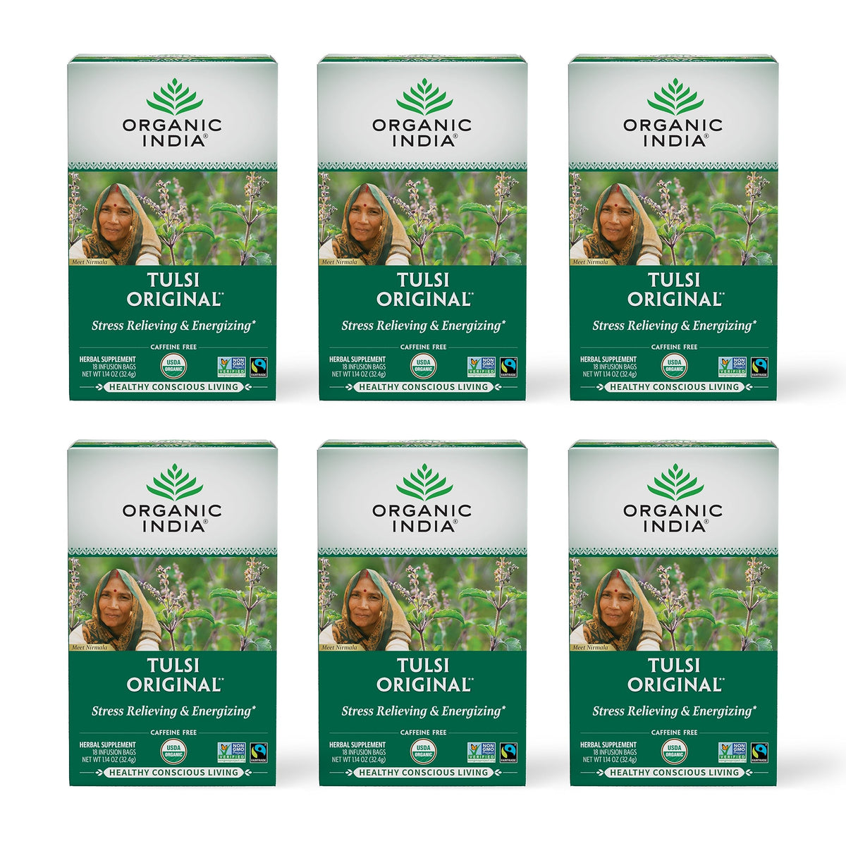 ORGANIC INDIA Tulsi Original Tea box front for calming, caffeine-free herbal tea.