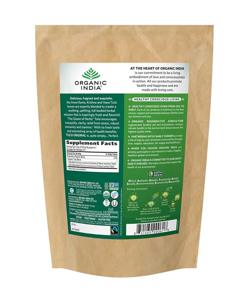 Organic India Tulsi Original tea brews calming cup with soothing aroma.