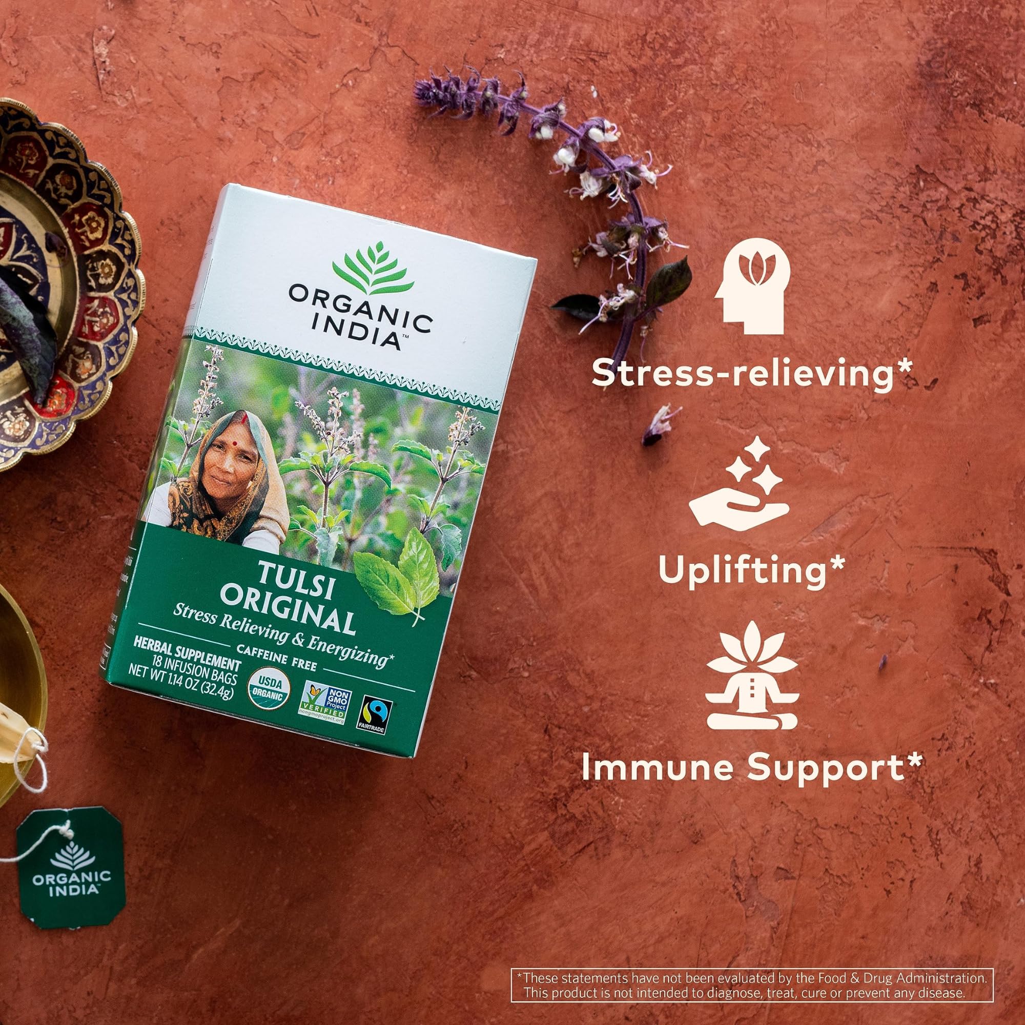 Organic India Tulsi Original tea cup steep reveals delicate floral notes.