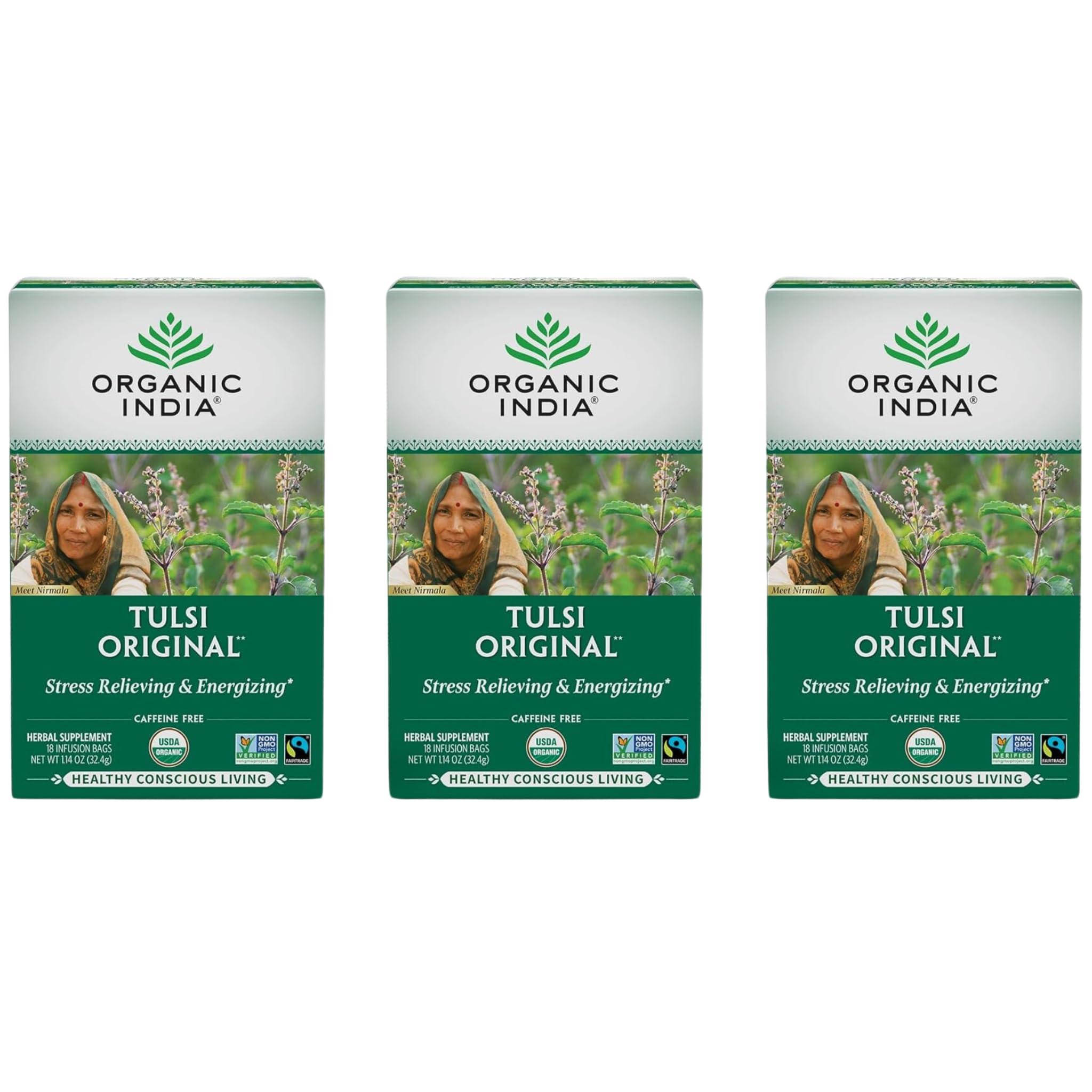 Organic India Tulsi Original tea front view promotes calming aroma for stress relief.