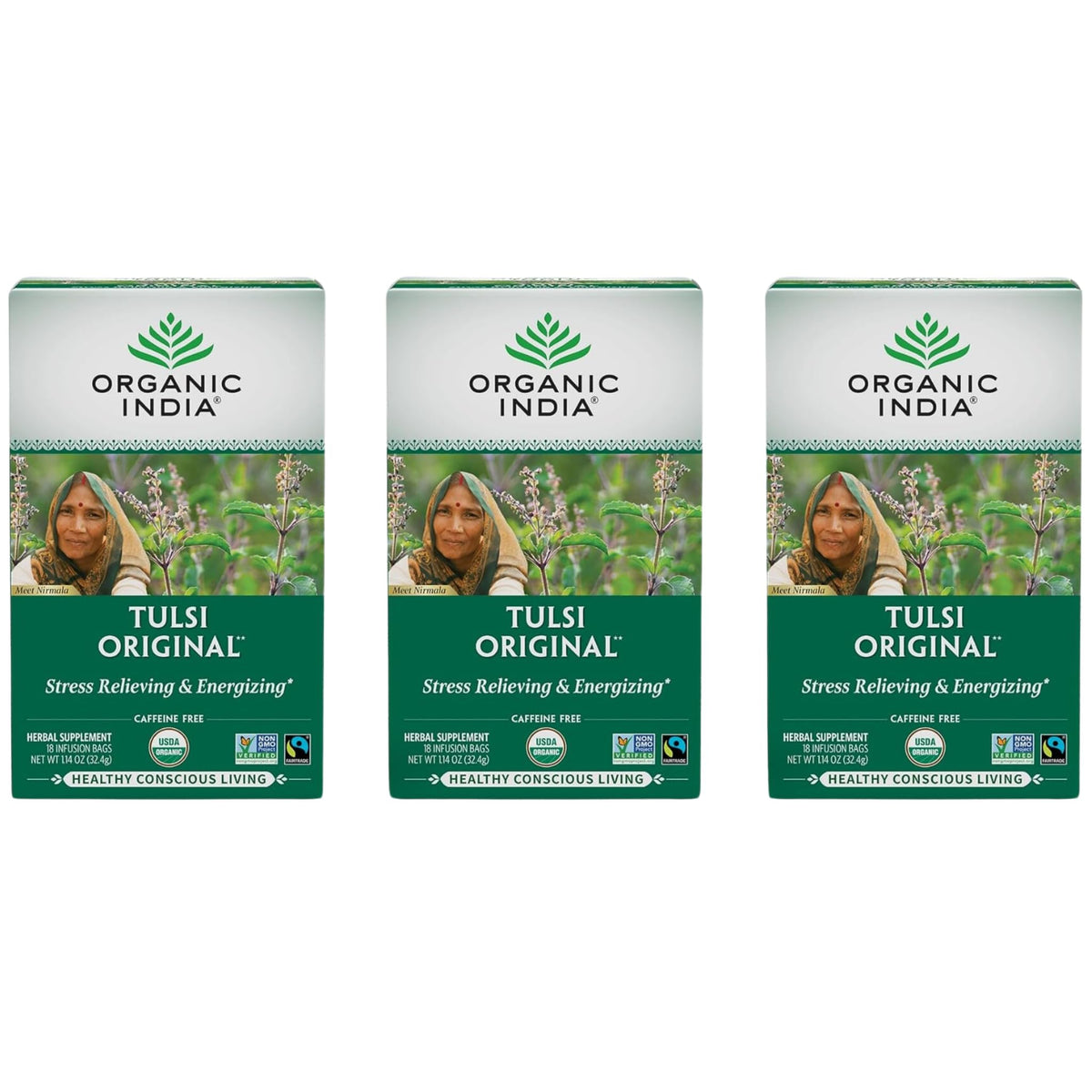 Organic India Tulsi Original tea front view promotes calming aroma for stress relief.