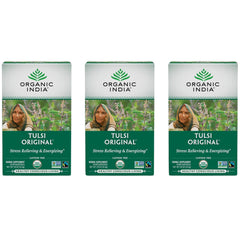 Organic India Tulsi Original tea front view promotes calming aroma for stress relief.