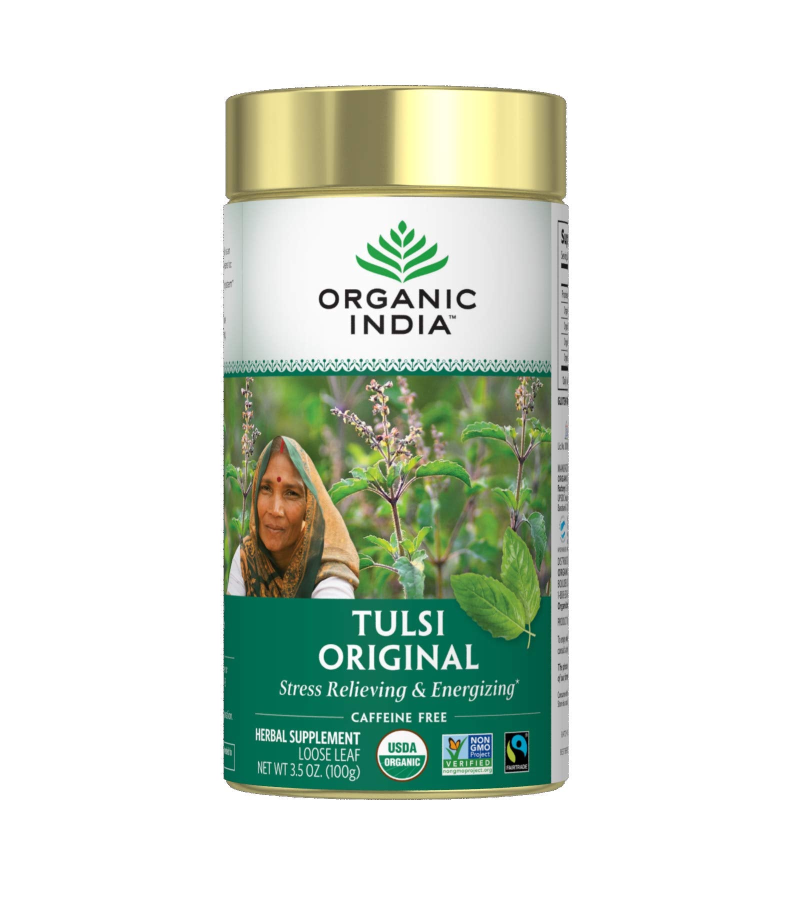 Organic India Tulsi Original loose leaf tea bundle signaling a calming ritual.