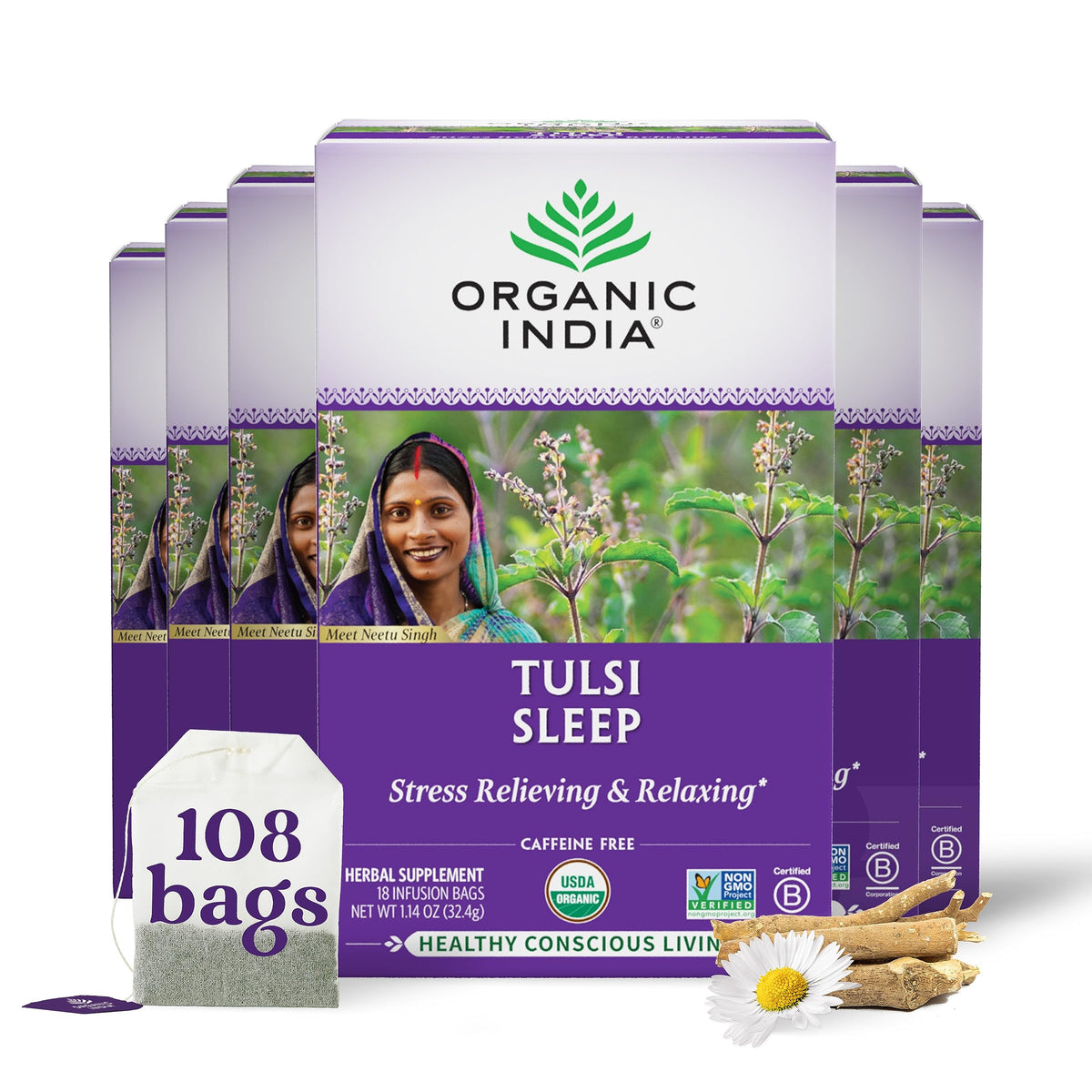 Organic India Tulsi Sleep Tea box front for a calming bedtime ritual