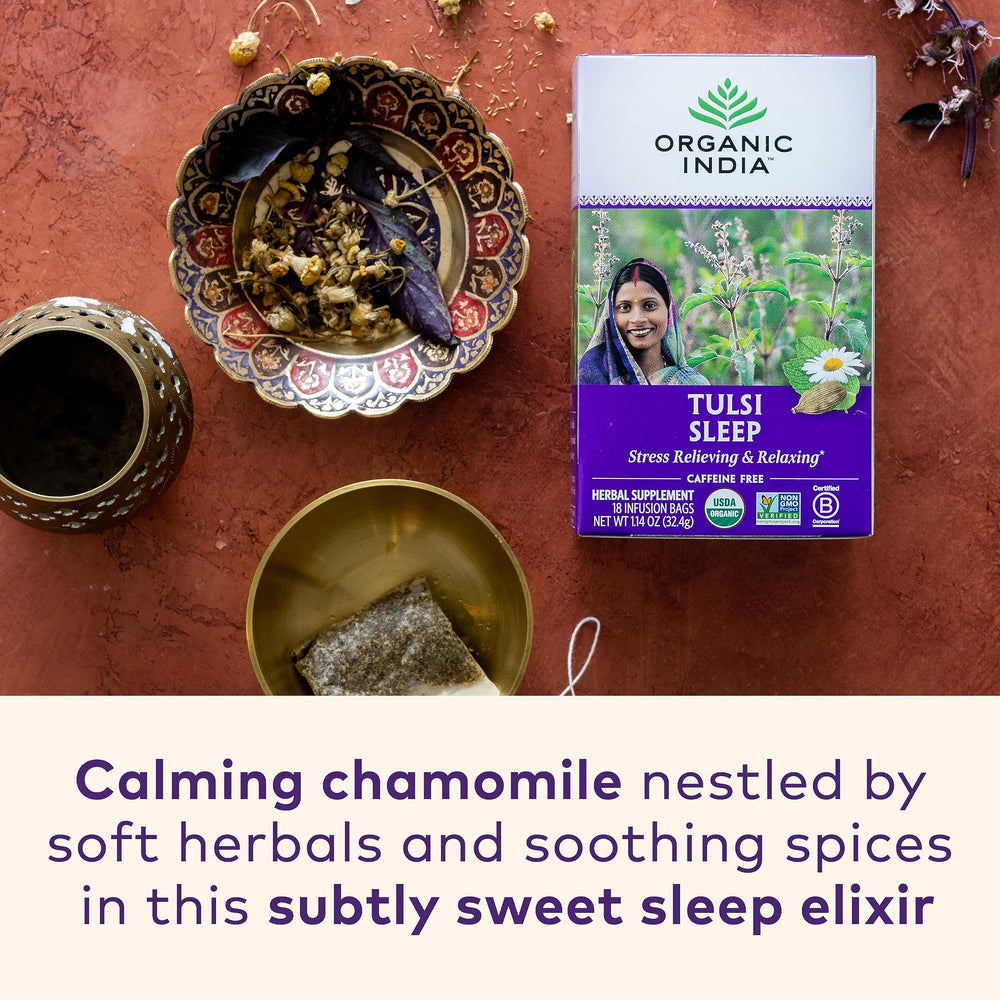 Cup of Organic India Tulsi Sleep Tea signaling relaxation after a long day