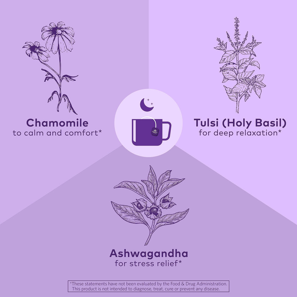 Organic India Tulsi Sleep Tea hot cup steaming evokes evening relaxation