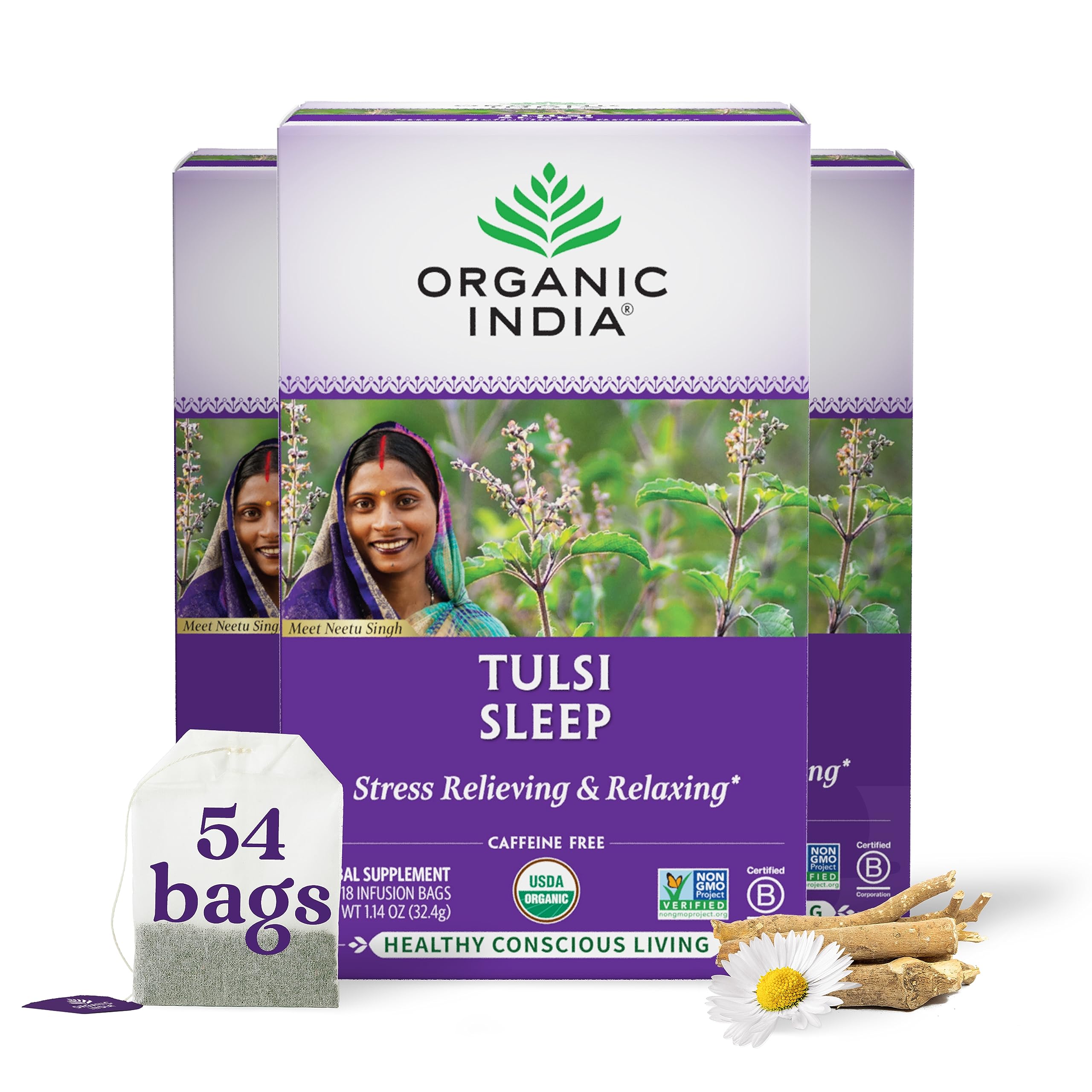 Organic India Tulsi Sleep Tea packaging with USDA Organic seal, ideal for nighttime ritual
