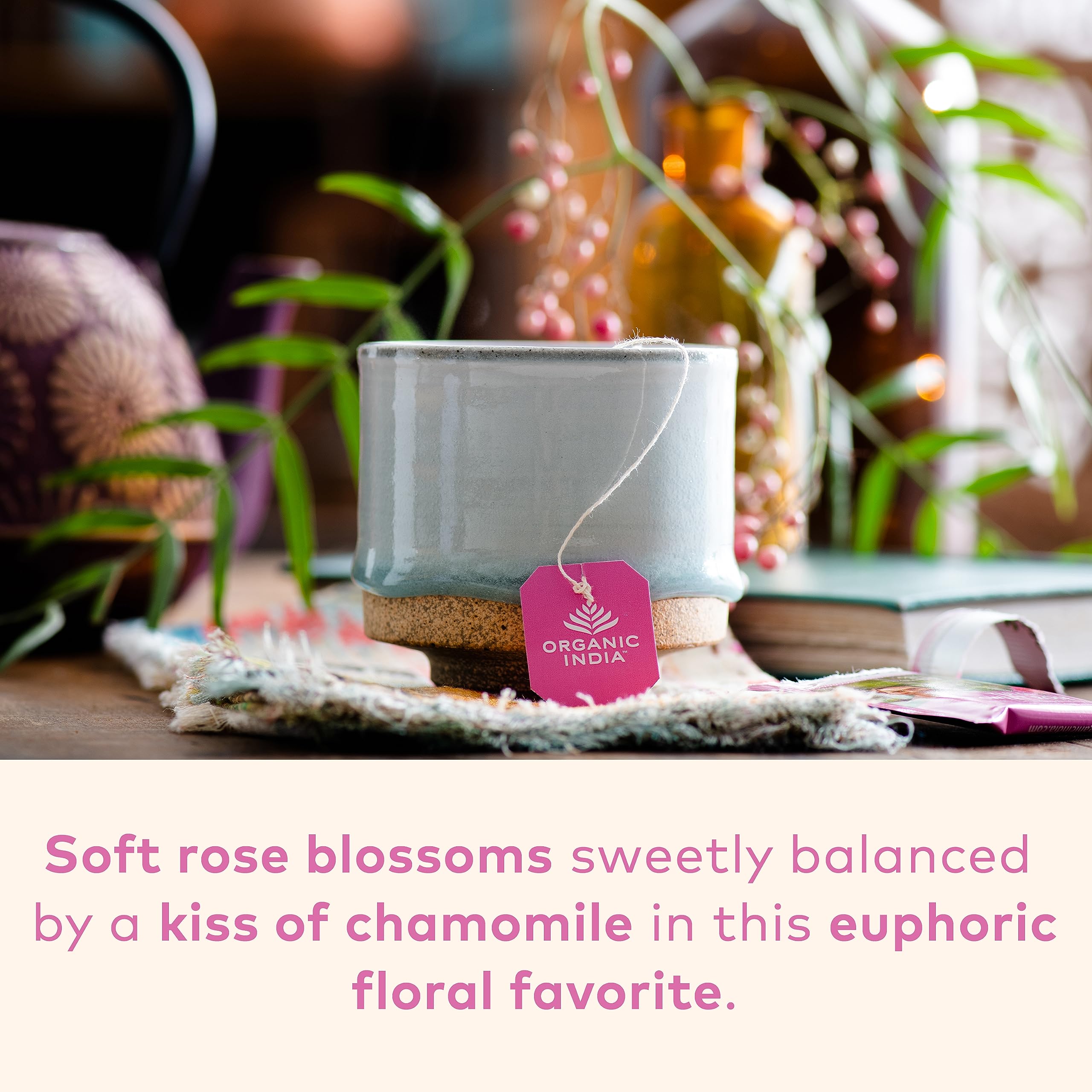 Organic India Tulsi Sweet Rose canister on kitchen shelf