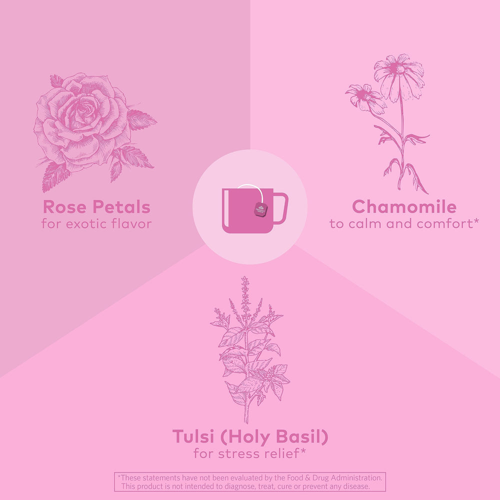 Organic India Tulsi Sweet Rose rose petals highlight regeneratively grown ingredients