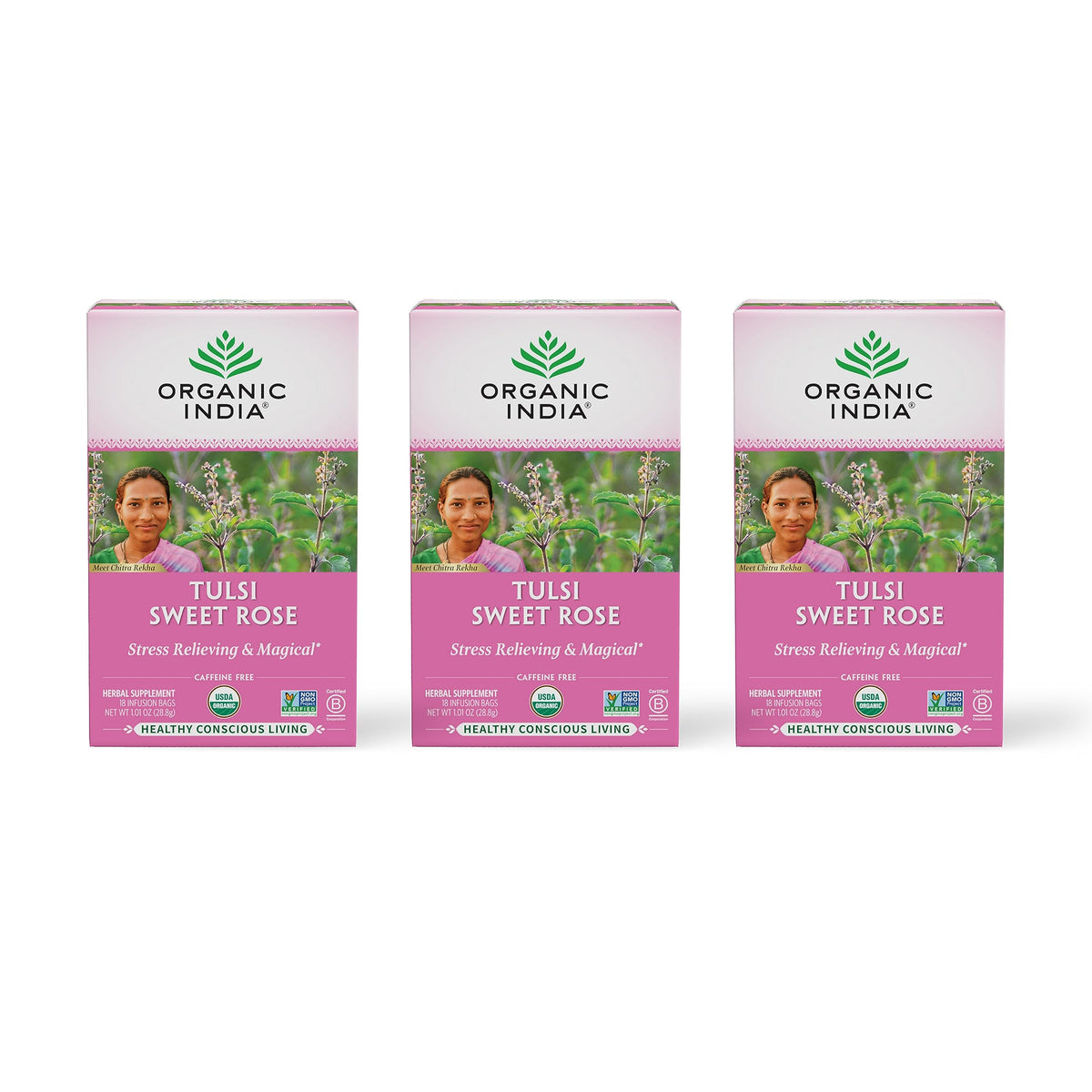Organic India Tulsi Sweet Rose Tea bags deliver calming herbal blend for daily relaxation