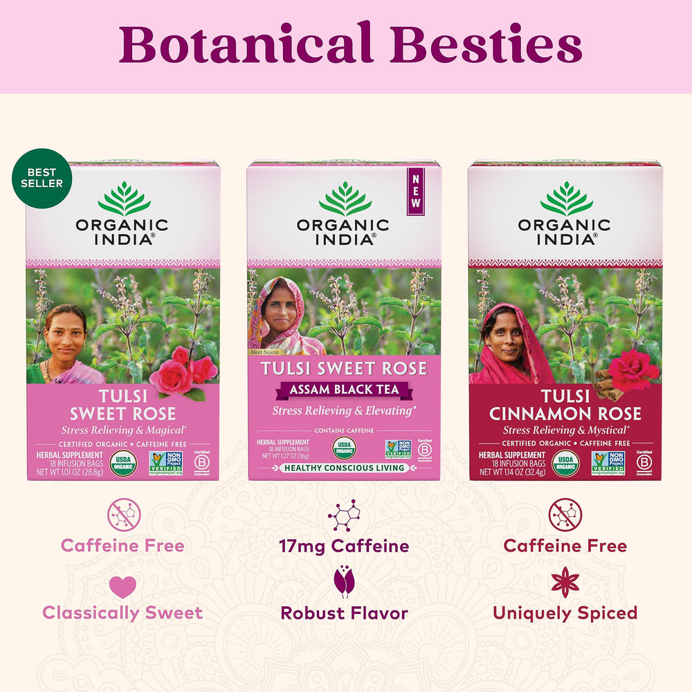 Cup of Organic India Tulsi Sweet Rose Tea ready for a comforting sip