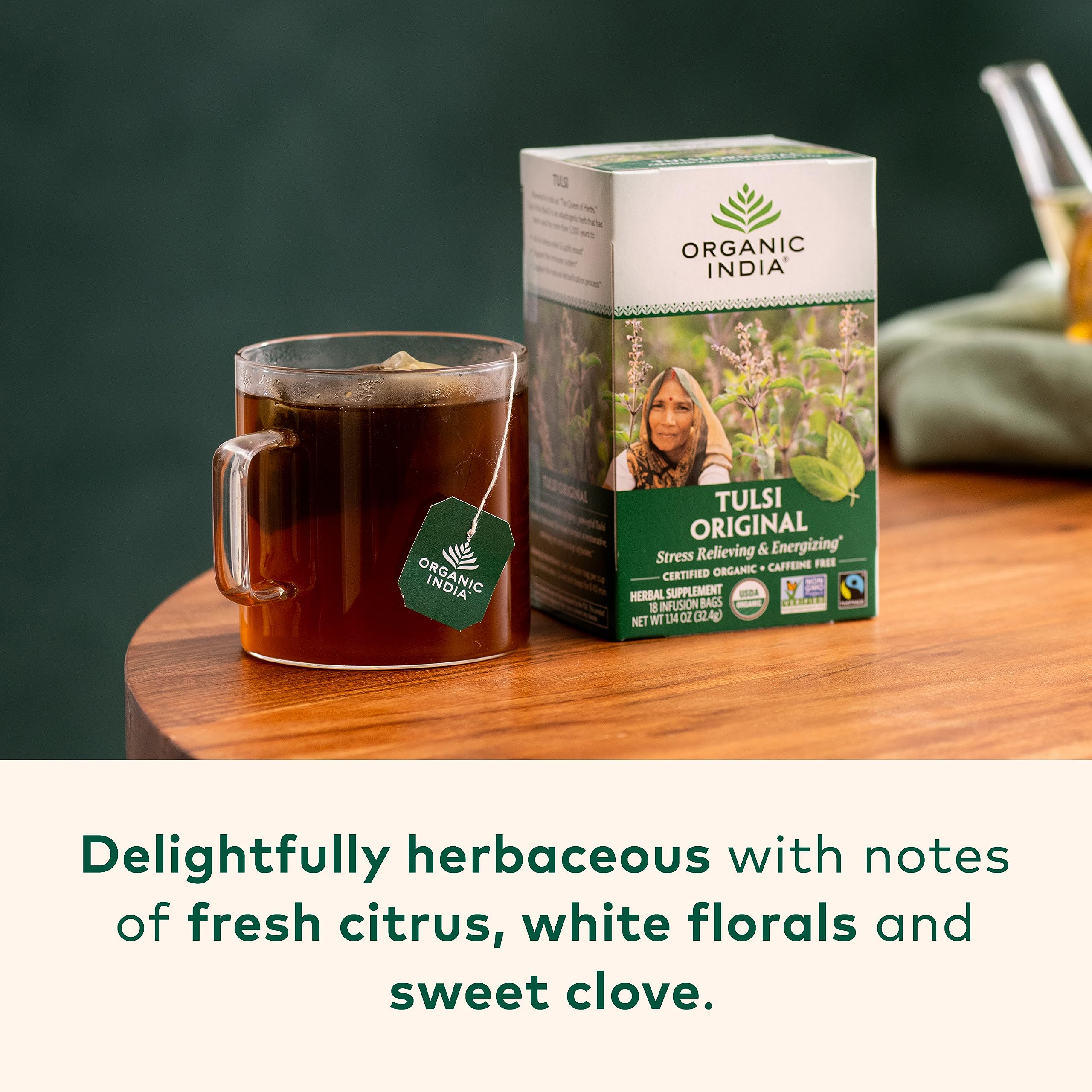 Organic India Tulsi Tea brew in a mug ready to sip