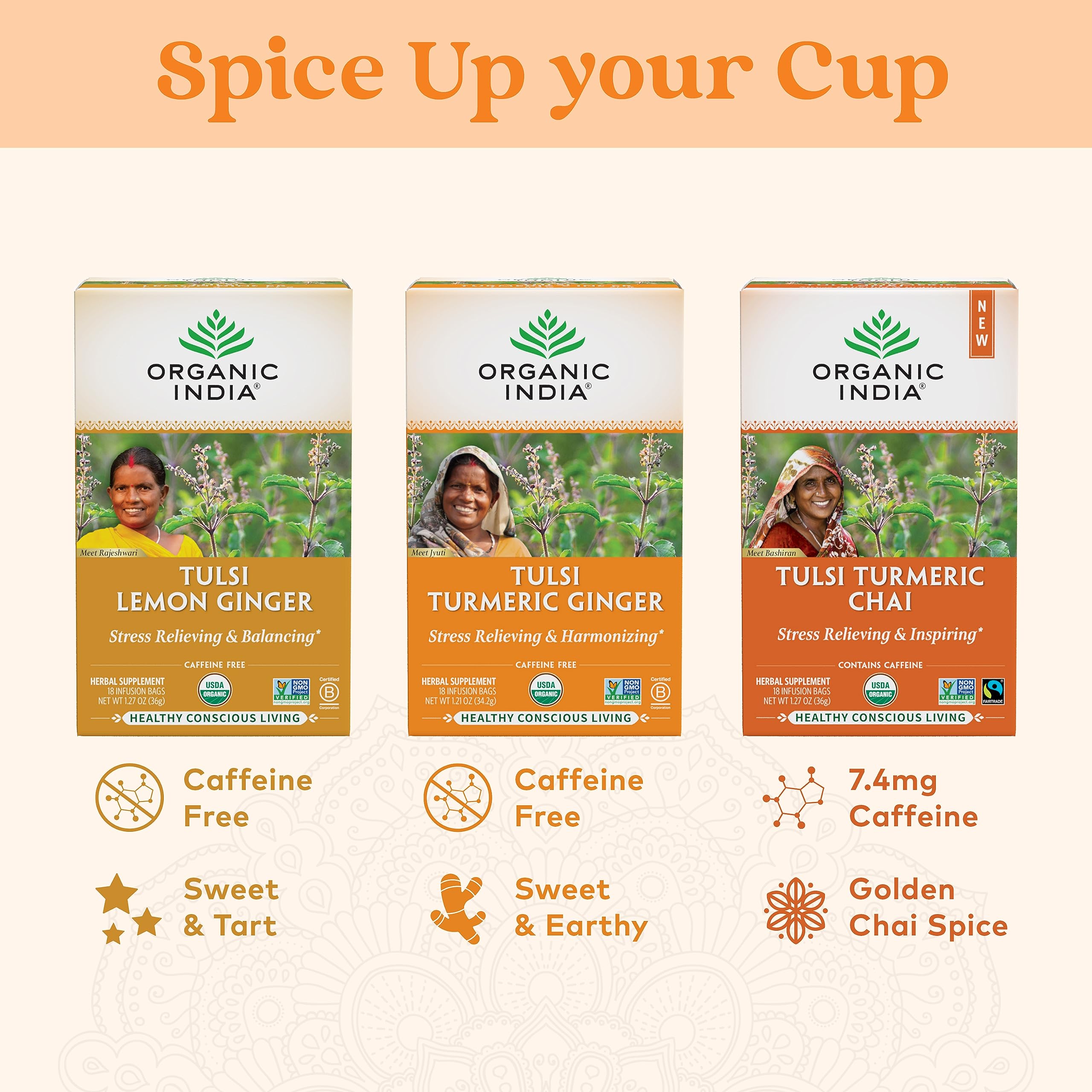 Six-pack of ORGANIC INDIA Tulsi Turmeric Ginger tea on shelf.