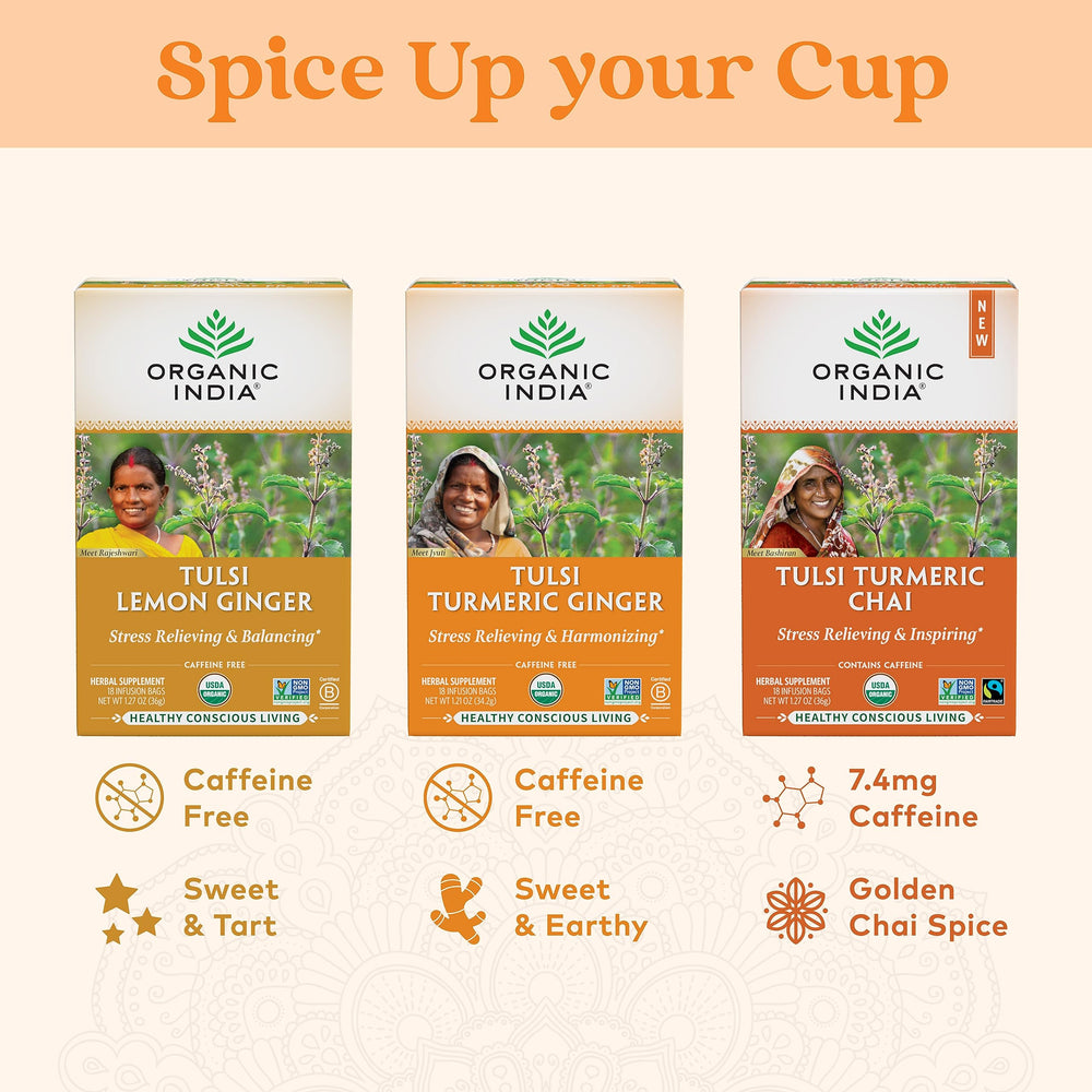 Six-pack of ORGANIC INDIA Tulsi Turmeric Ginger tea on shelf.