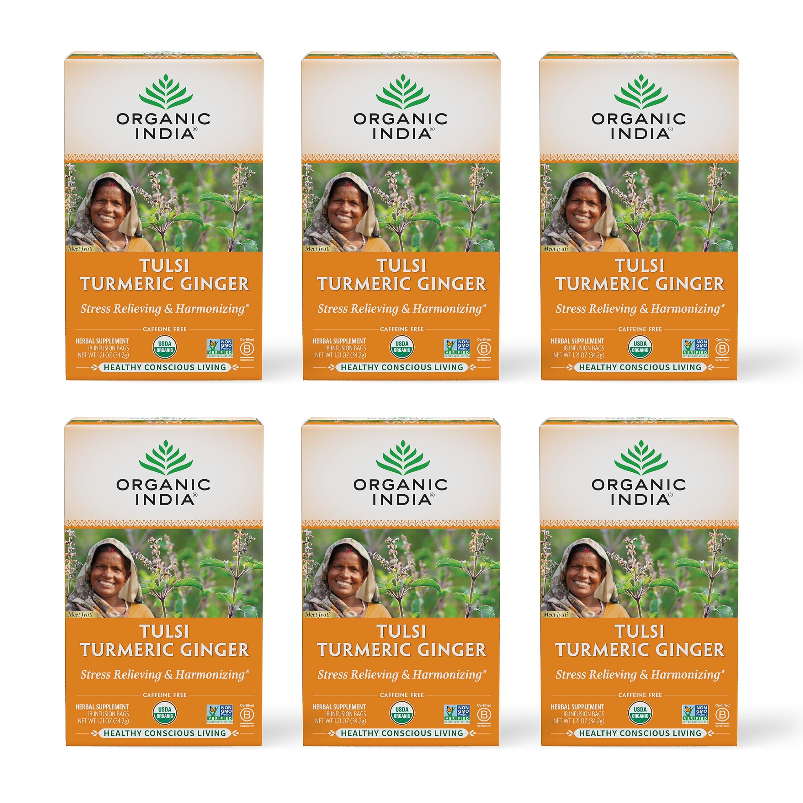 ORGANIC INDIA Tulsi Turmeric Ginger tea bag steeping in mug for daily calm.