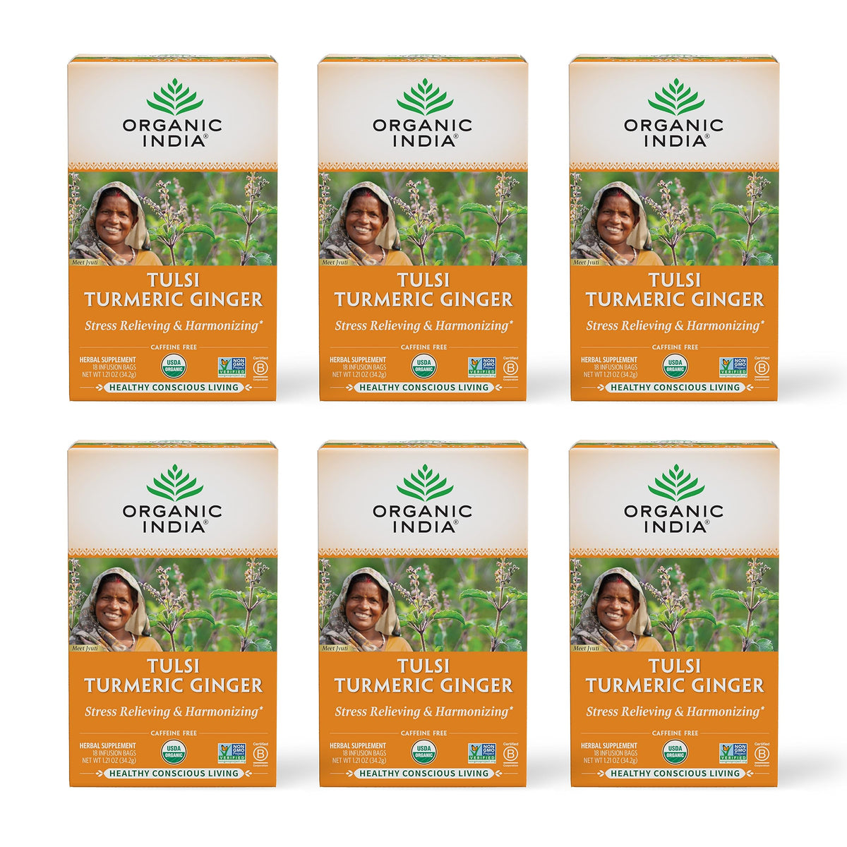 ORGANIC INDIA Tulsi Turmeric Ginger tea bag steeping in mug for daily calm.
