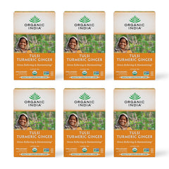 ORGANIC INDIA Tulsi Turmeric Ginger tea bag steeping in mug for daily calm.