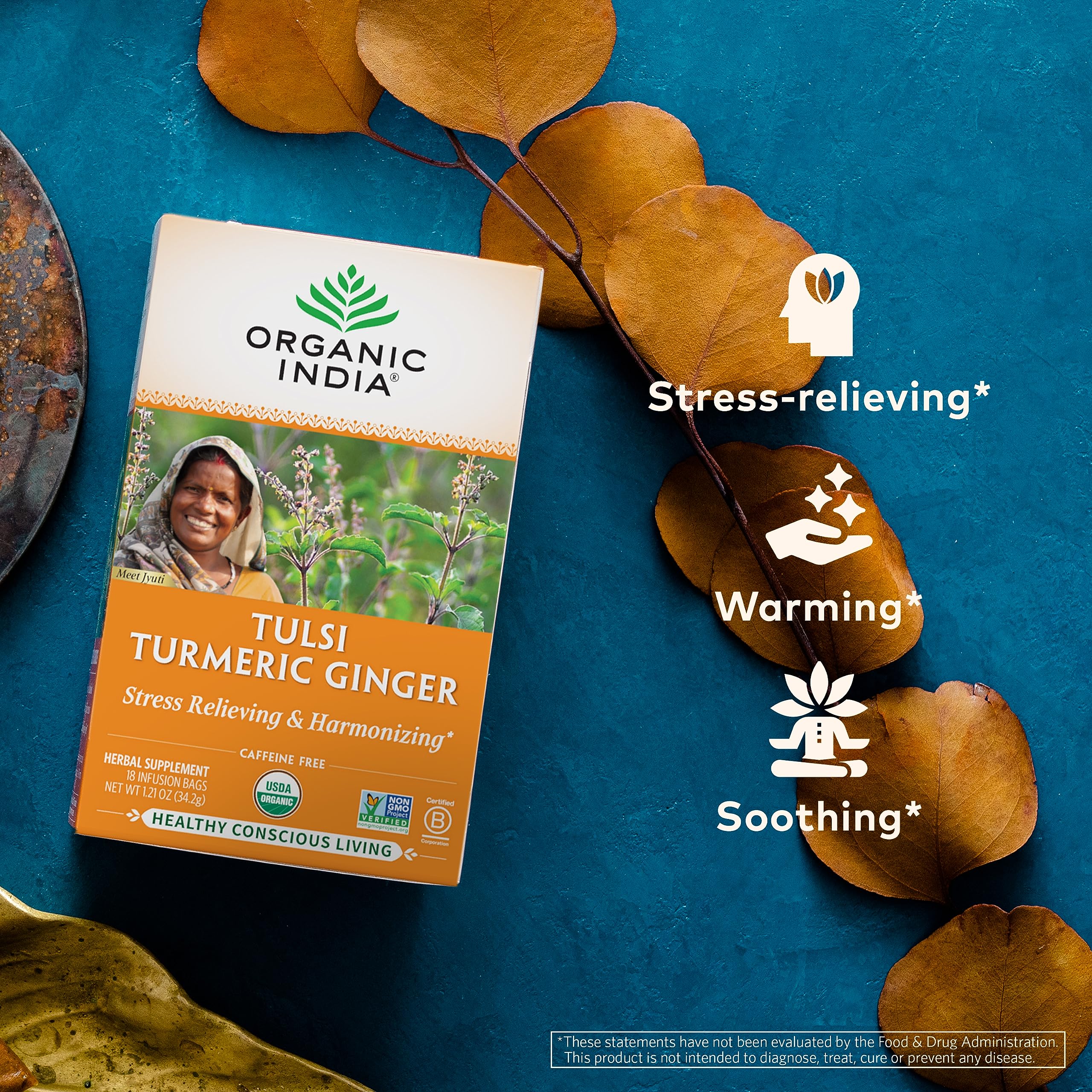 Organic India Tulsi Turmeric Ginger tea box and bags display.