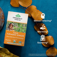 Organic India Tulsi Turmeric Ginger tea box and bags display.