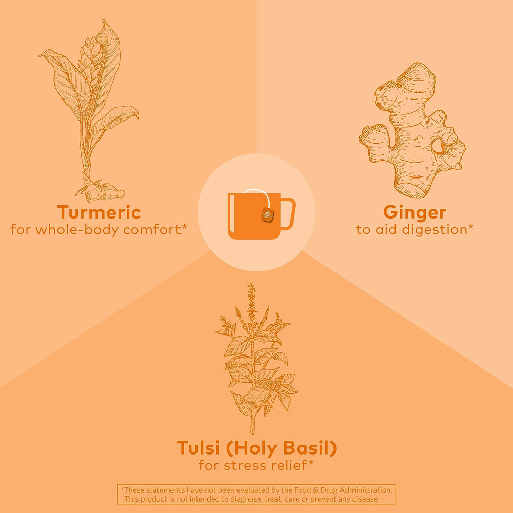 Pouring hot ORGANIC INDIA Tulsi Turmeric Ginger tea into mug.