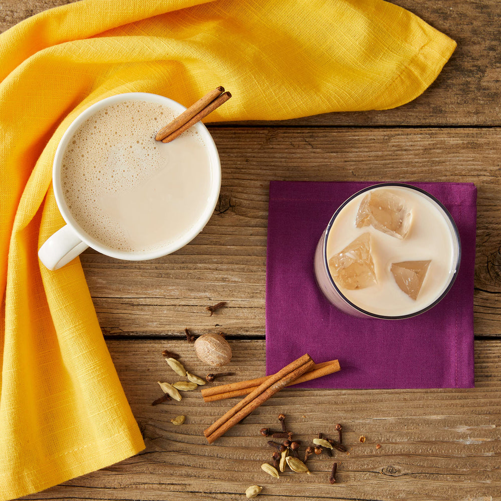 Oregon Chai sustainability icons and organic certifications highlight eco-friendly ingredients.