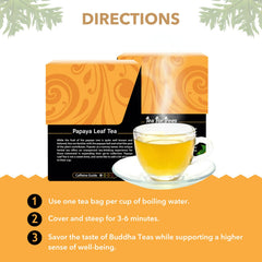 Organic Papaya Leaf Tea label from Buddha Teas on packaging.