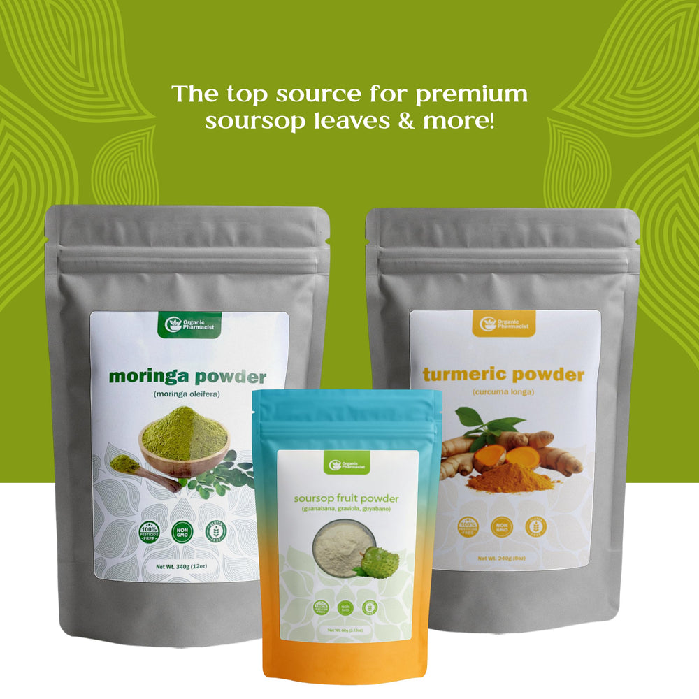 Organic Pharmacist soursop leaves DIY extract concept highlighting versatility.