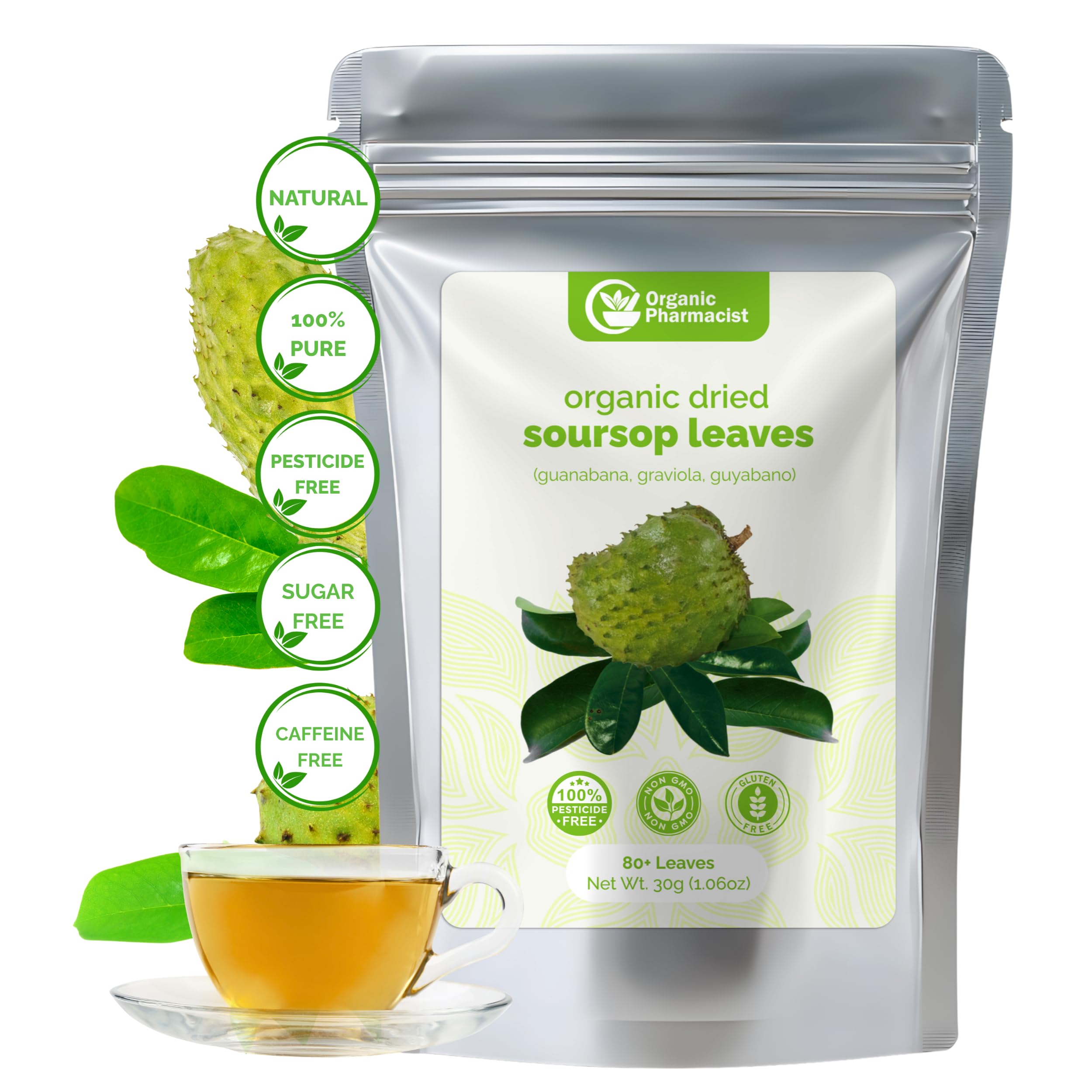 Organic Pharmacist soursop leaves pack front, premium leaves for loose-leaf tea.