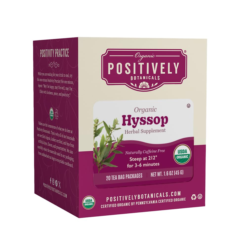 Organic Positively Hyssop Tea Bags 20-count box, promoting calm tea rituals.