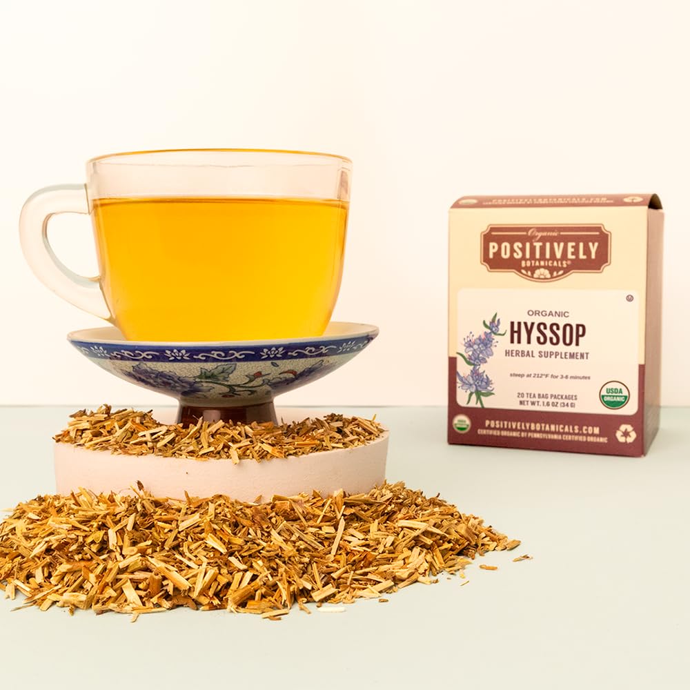 Ingredient close-up reveals hyssop herb within Organic Positively blend.