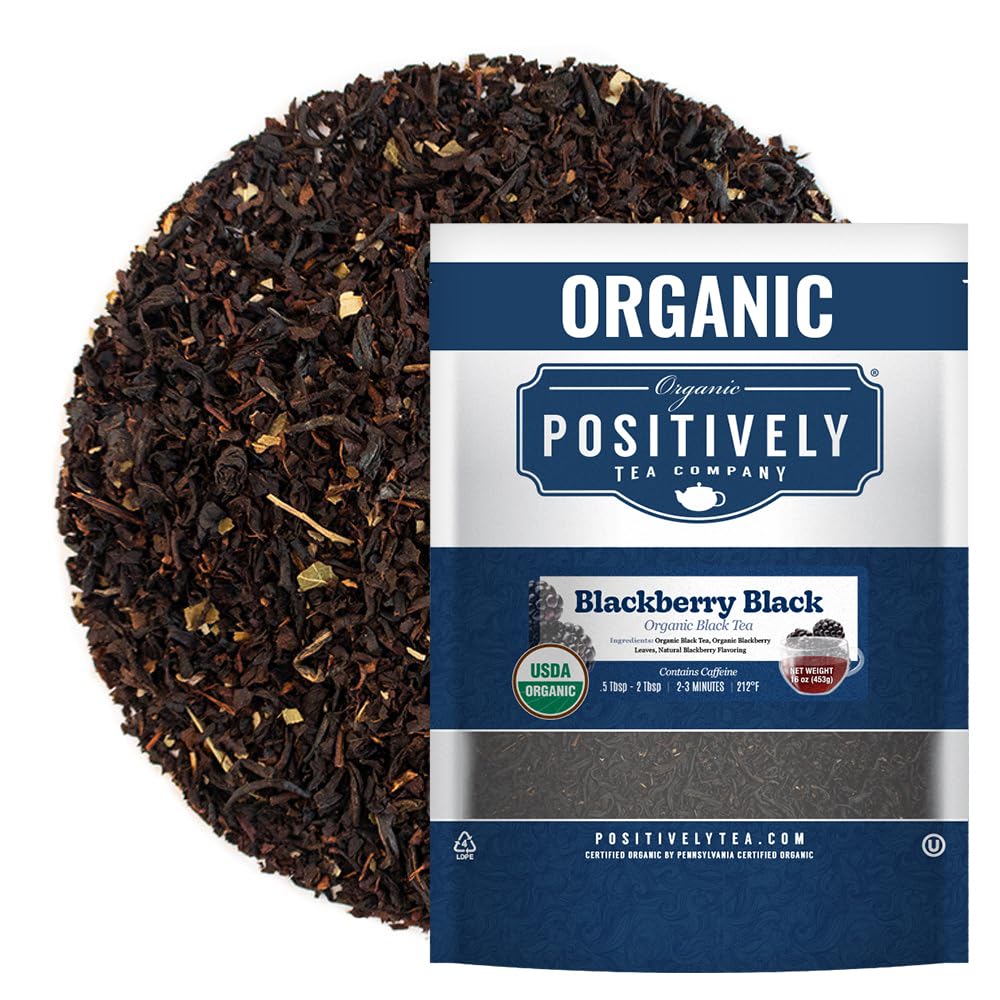 Organic Positively Blackberry Black Tea loose leaf in 16oz package, ideal for daily brewing