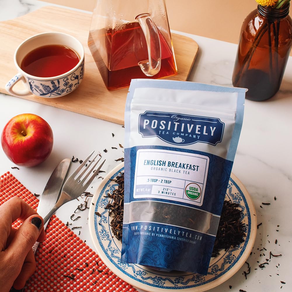 Organic Positively Tea Company English Breakfast loose leaves can be enjoyed with milk or lemon.