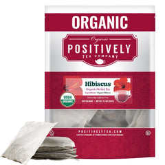 Organic Positively Hibiscus tea bags packaging highlights eco friendly design.