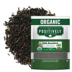 Organic Positively Irish Breakfast loose-leaf tea, bold morning wake-up.