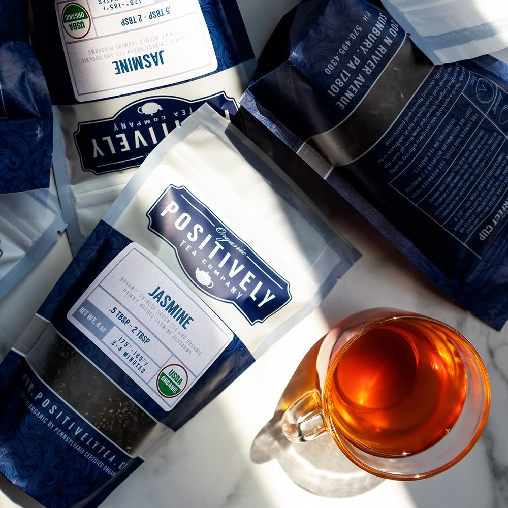 Organic Positively Tea Company Jasmine Green Tea aroma steam highlights floral fragrance.