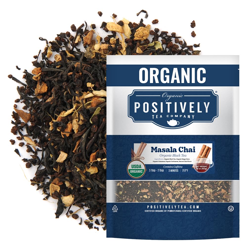Organic Positively Tea Company Masala Chai loose leaf offers rich aroma for alert focus.