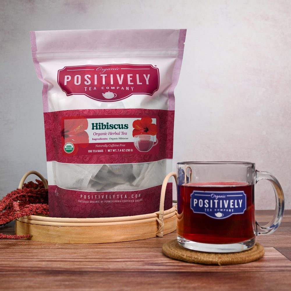Organic hibiscus ingredients from Organic Positively Tea Company label.